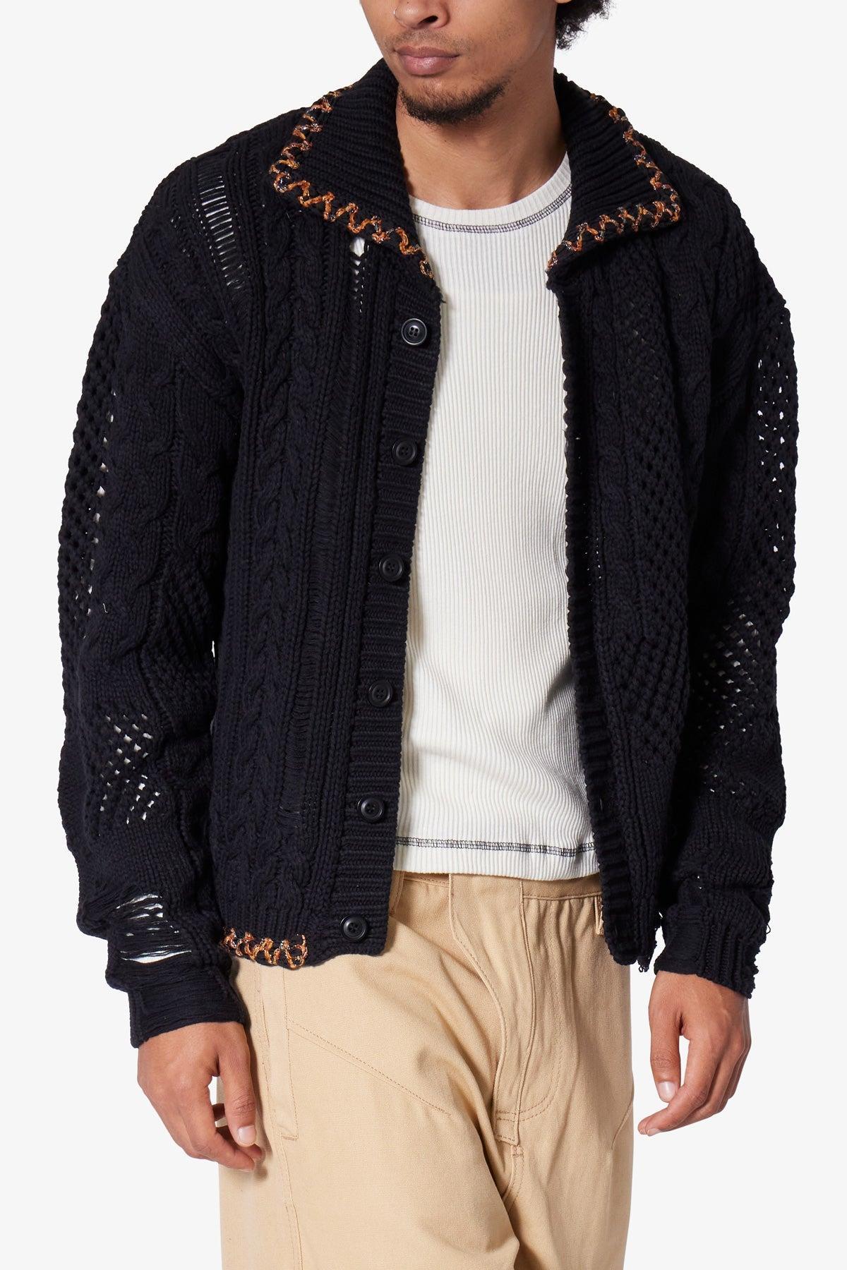 Chunky Distressed Cardigan Sweater - Black Product Image
