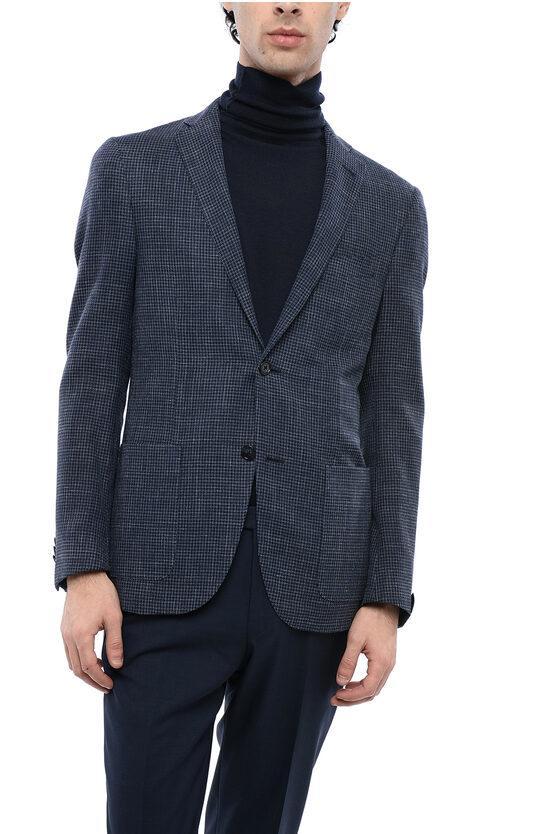 CORNELIANI Houndstooth Patterned Gate Wool Blend Blazer In Blue Product Image