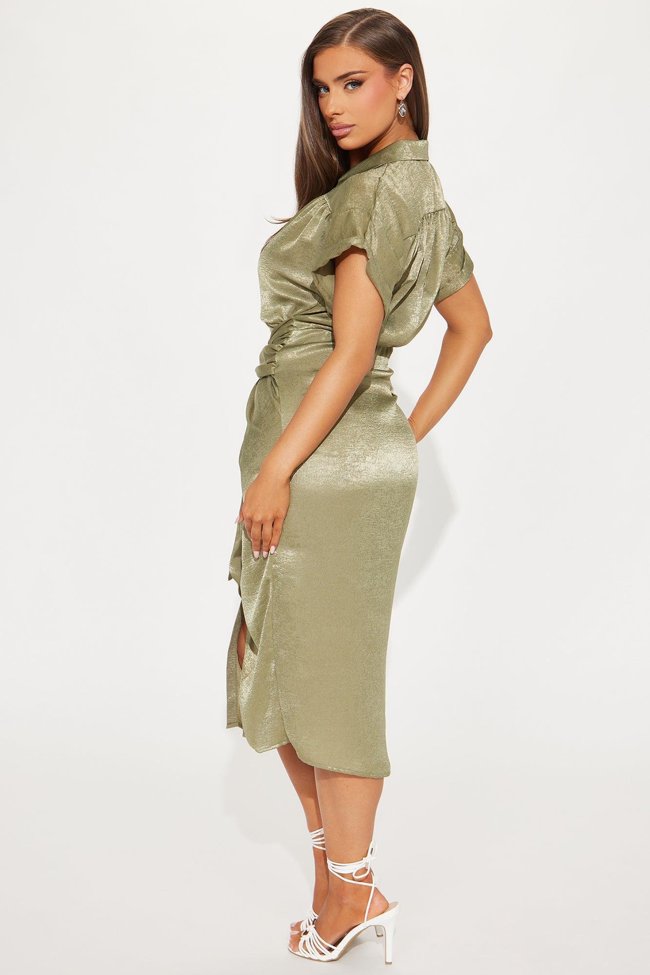 She Means Business Satin Midi Dress - Olive Product Image