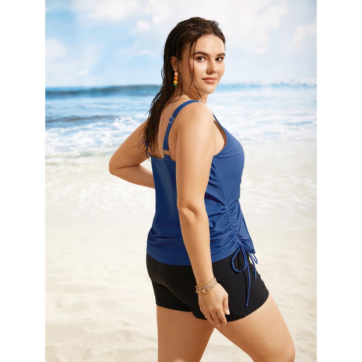 Plus Size Island Print Drawstring Adjustable Swim Top Women's Swimwear Indigo Resort Contrast High stretch Loose U-neck Curve Swim Tops BloomChic 10/M Product Image