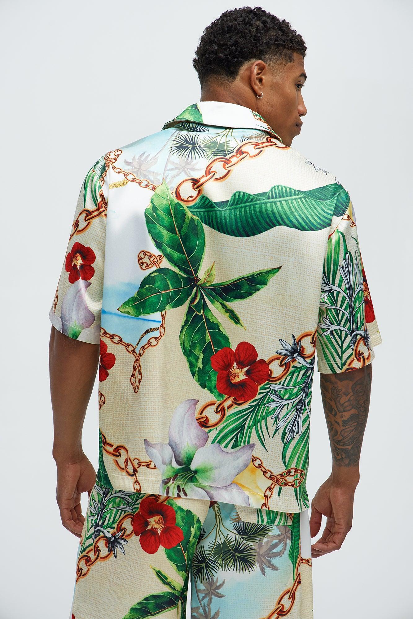 Palms And Chains Printed Cuban Collar Shirt - Multi Color Product Image