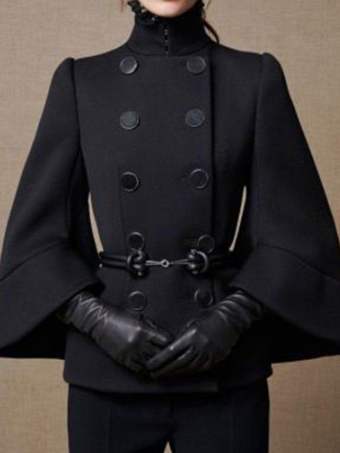 Flared Buttoned Solid Color High Neck Jackets&Coats Outerwear Woolen Coat Product Image