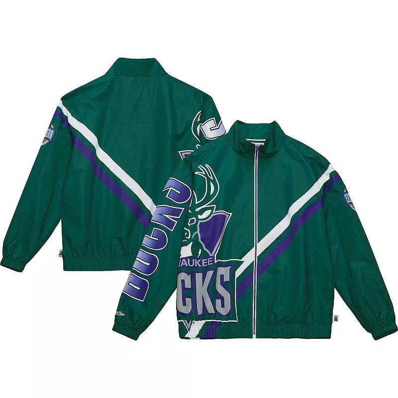 Men's Mitchell & Ness Hunter Green Milwaukee Bucks Exploded Logo Warm-Up Full-Zip Jacket, Size: XL, Team Product Image
