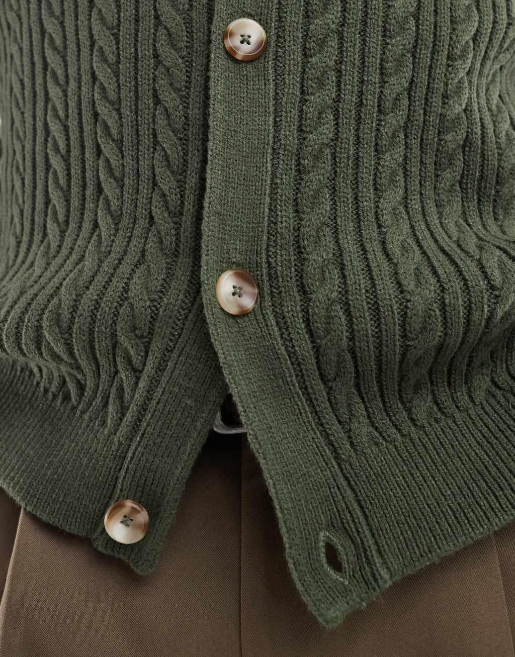 ASOS DESIGN cable knit crew neck cardigan in green Product Image