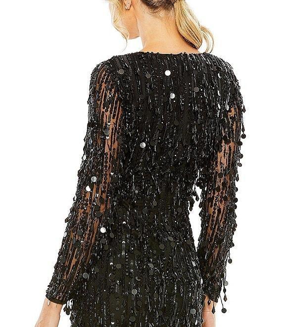 Mac Duggal Sequin Fringe V-Neck Long Sleeve Mini Sheath Dress Product Image