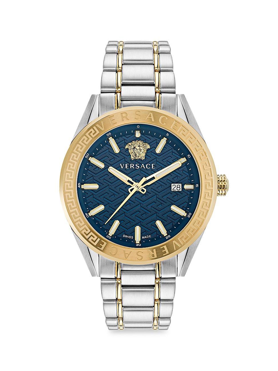 Versace Mens V-Code Analog Two Tone Stainless Steel Blue Dial Watch Product Image