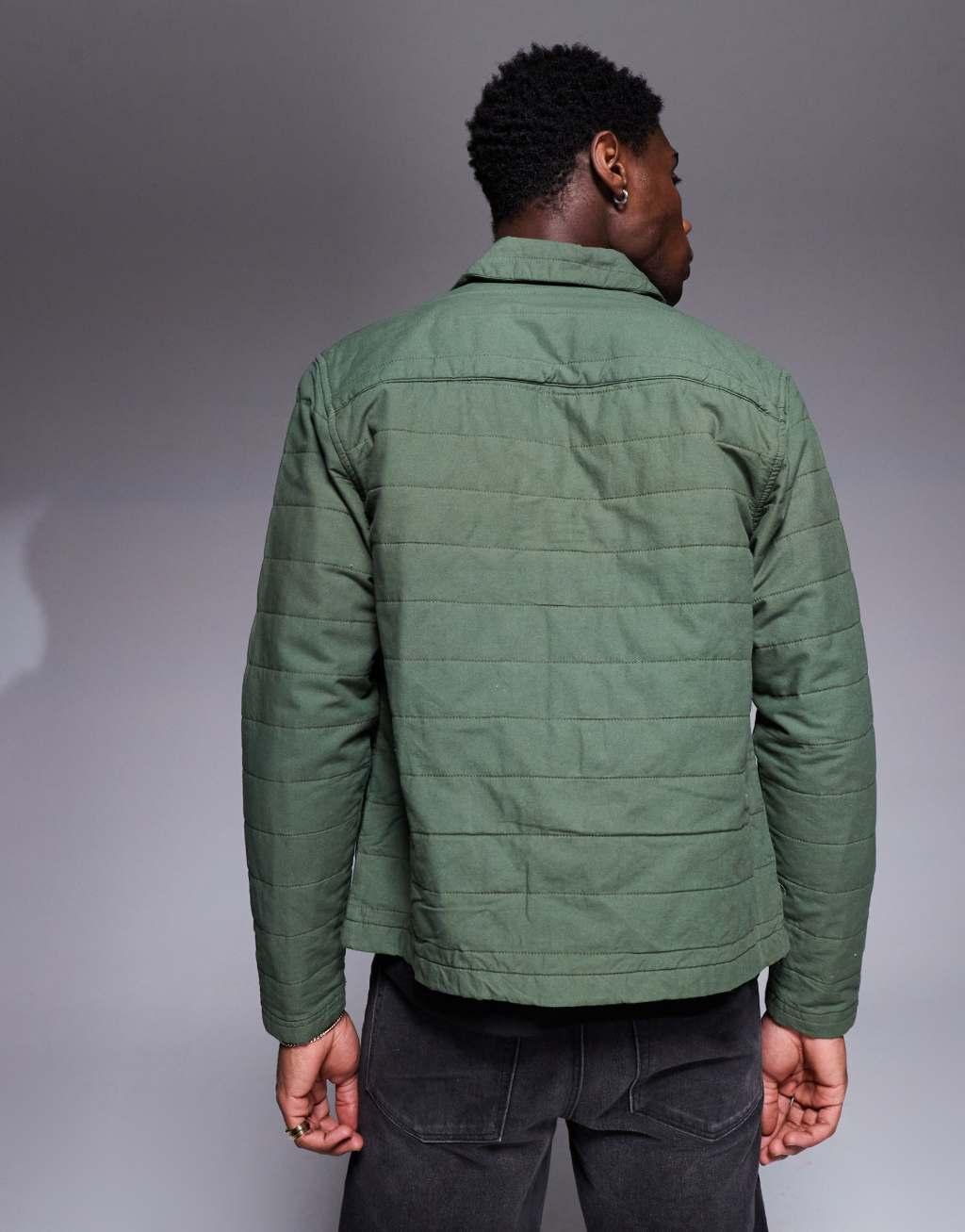 ASOS DESIGN boxy quilted overshirt with camp collar in green  Product Image