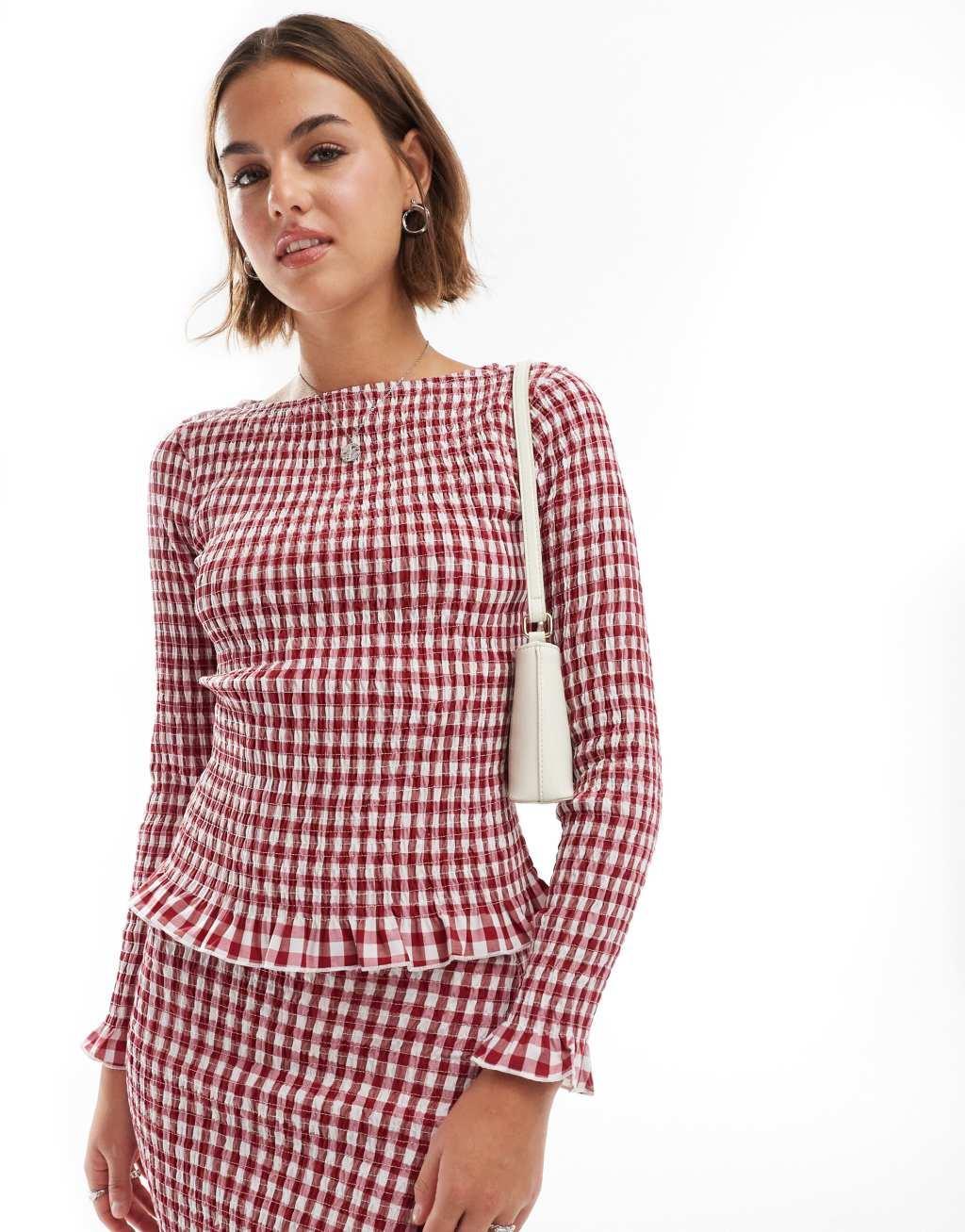 ASOS DESIGN shirred slash neck long sleeve top in red gingham - part of a set Product Image