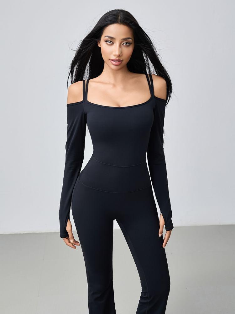 Long Sleeve Cold Shoulder Plain Flared Yoga Jumpsuit Product Image