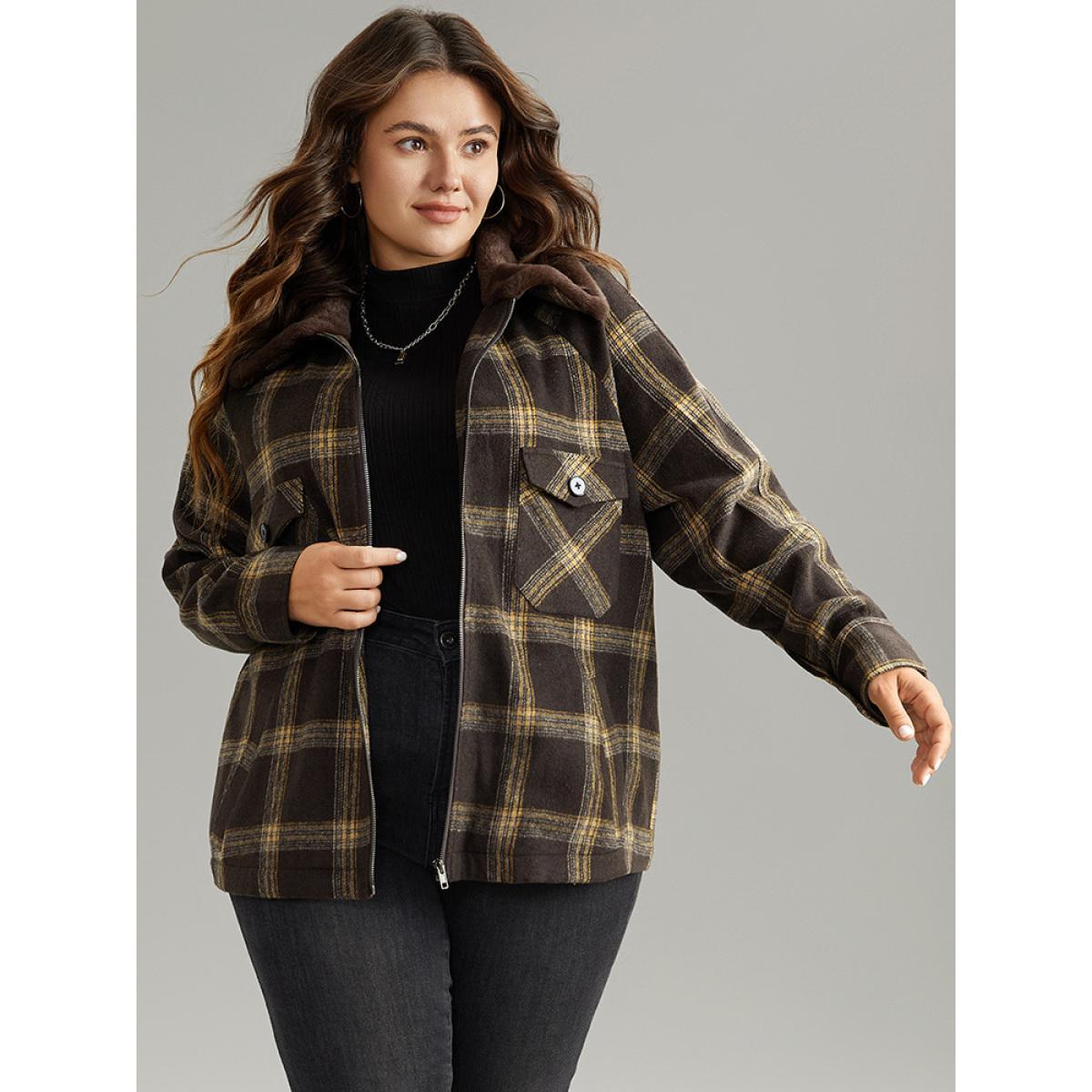 Plus Size Plaid Patchwork Fuzzy Trim Zipper Fly Coat Women DarkBrown Casual Contrast Ladies Everyday Winter Coats BloomChic 28/5X Product Image