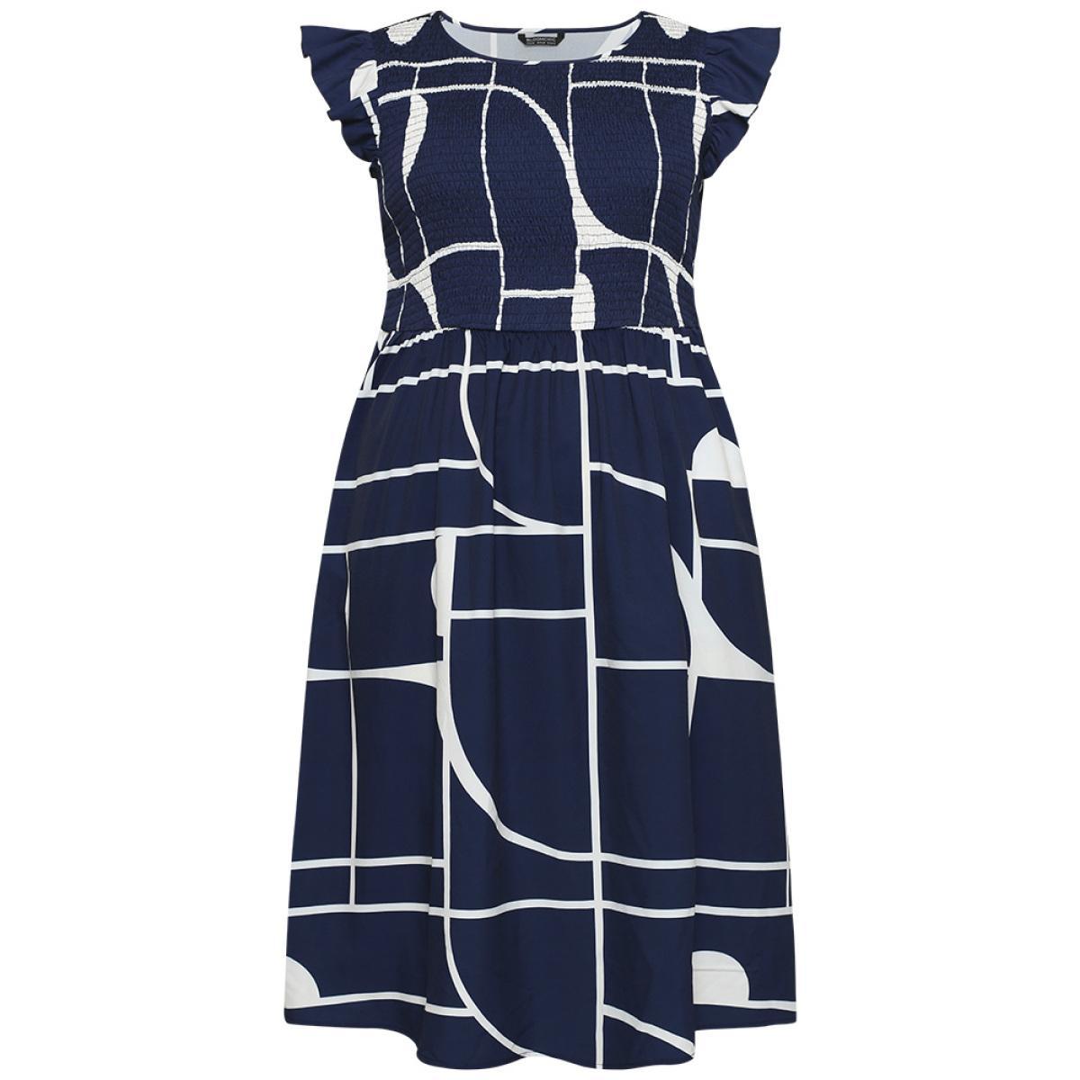 Plus Size Geometric Pocket Flutter Sleeve Shirred Dress Navy Women Office Pocket Round Neck Cap Sleeve Curvy Midi Dress BloomChic 28/5X Product Image