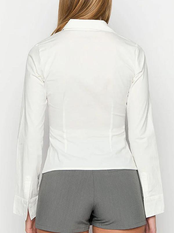Long Sleeves Skinny Buttoned Solid Color Lapel Blouses&Shirts Tops Product Image