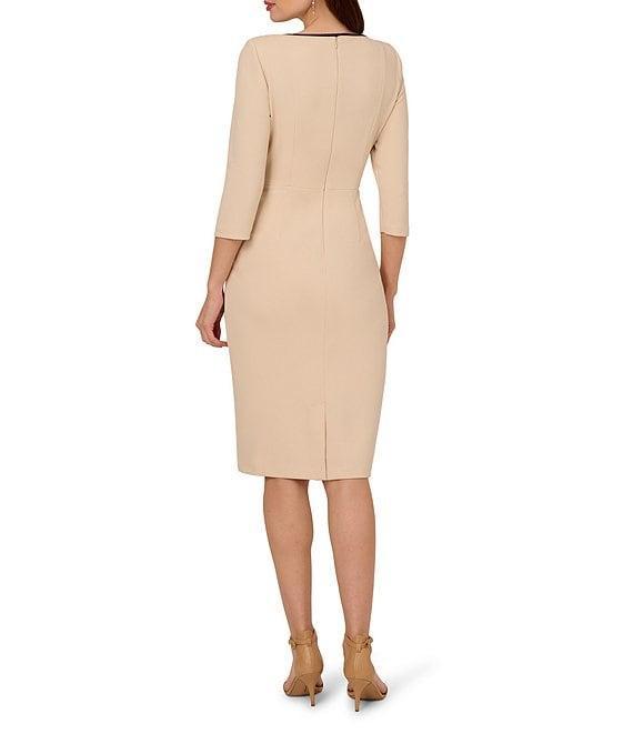 Adrianna Papell Petite Size Contrast Trim Boat Neck 3/4 Sleeve Tie Waist Crepe Dress Product Image