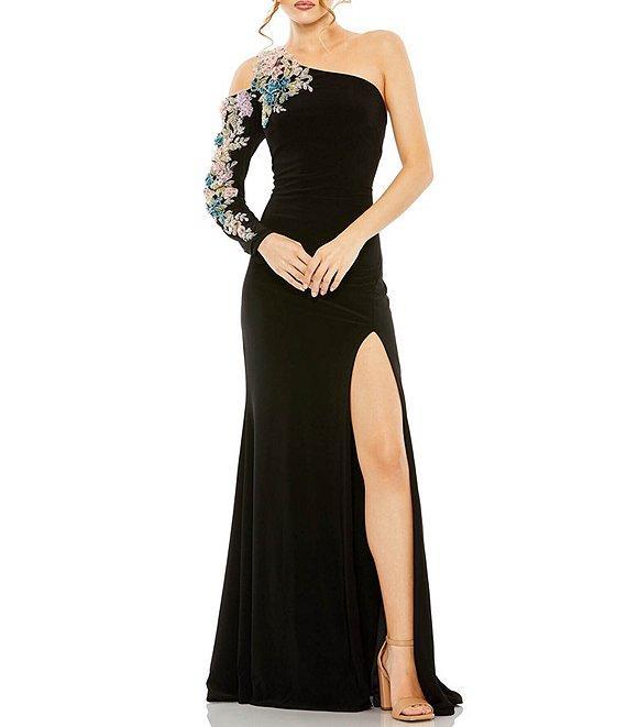 Mac Duggal Floral Beaded One Shoulder Asymmetrical Neck Gown Product Image