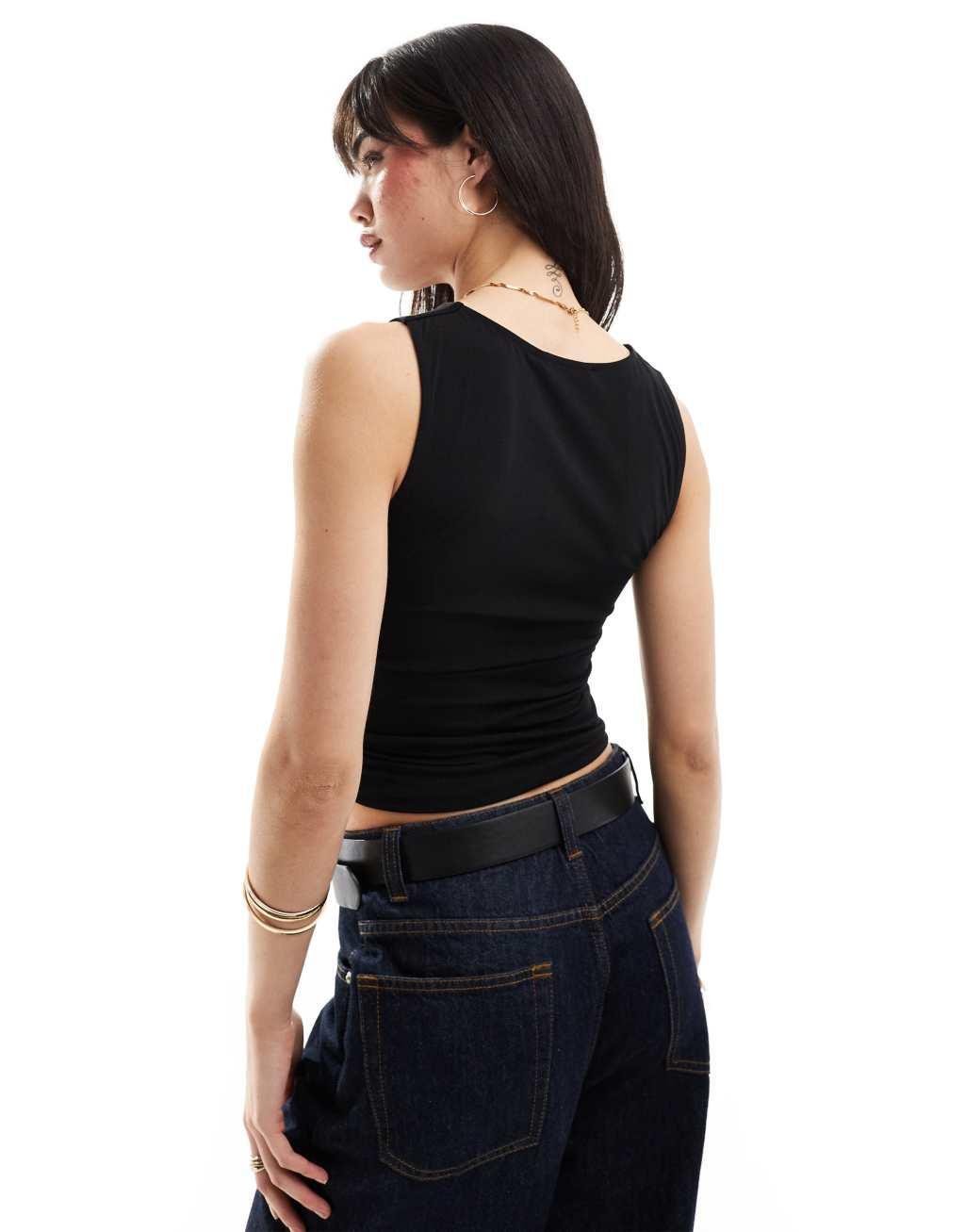 Stradivarius boat neck ruched side tank top in black  Product Image