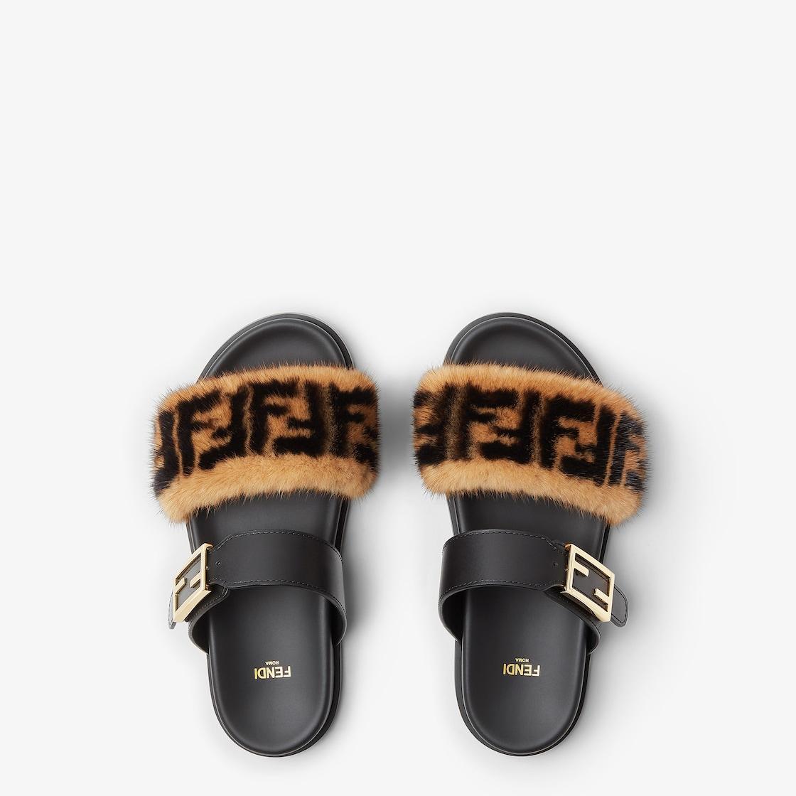 Fendi FeelBlack leather and mink FF slides Product Image