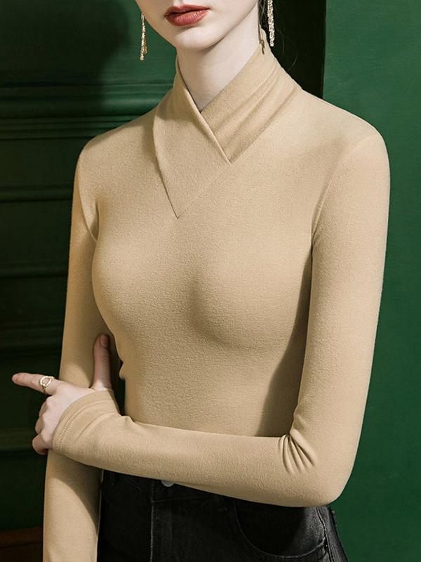 Long Sleeves Plus Size Solid Color Split-Joint V-Neck T-Shirts Product Image