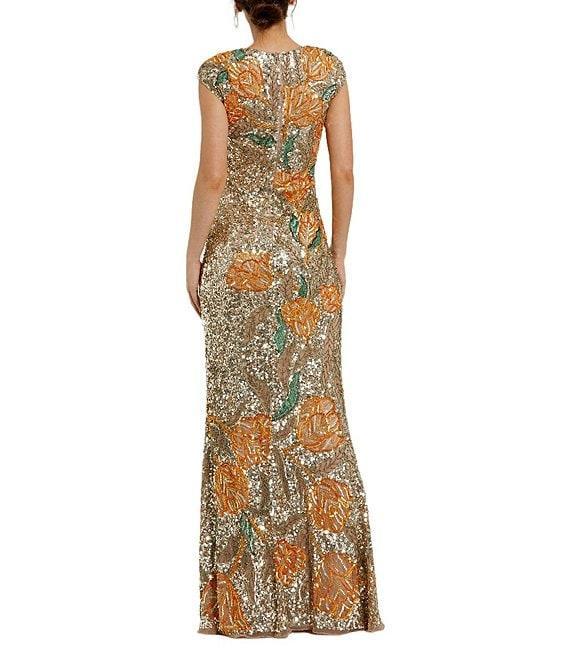 Mac Duggal Embellished Mesh Floral Beaded High Neck Cap Sleeve Mermaid Gown Product Image