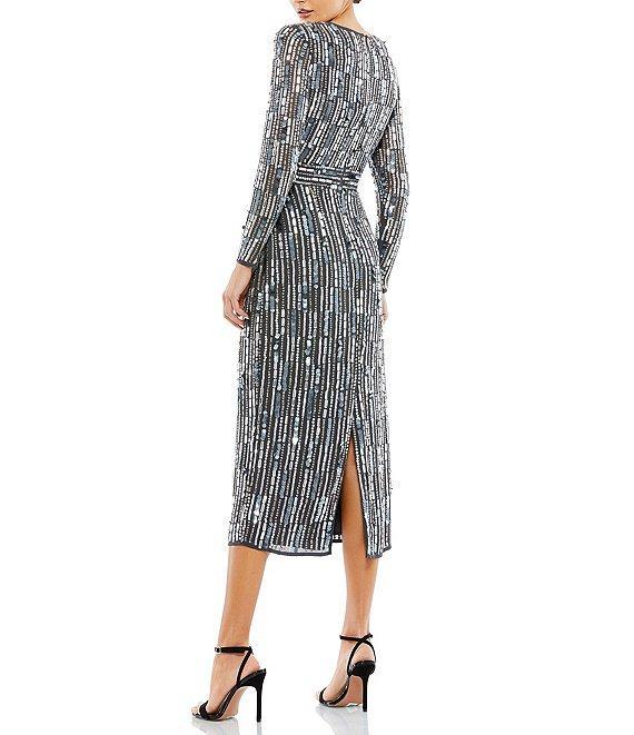 Mac Duggal Round Neck Long Sleeve Pailette Sequin Midi Dress Product Image