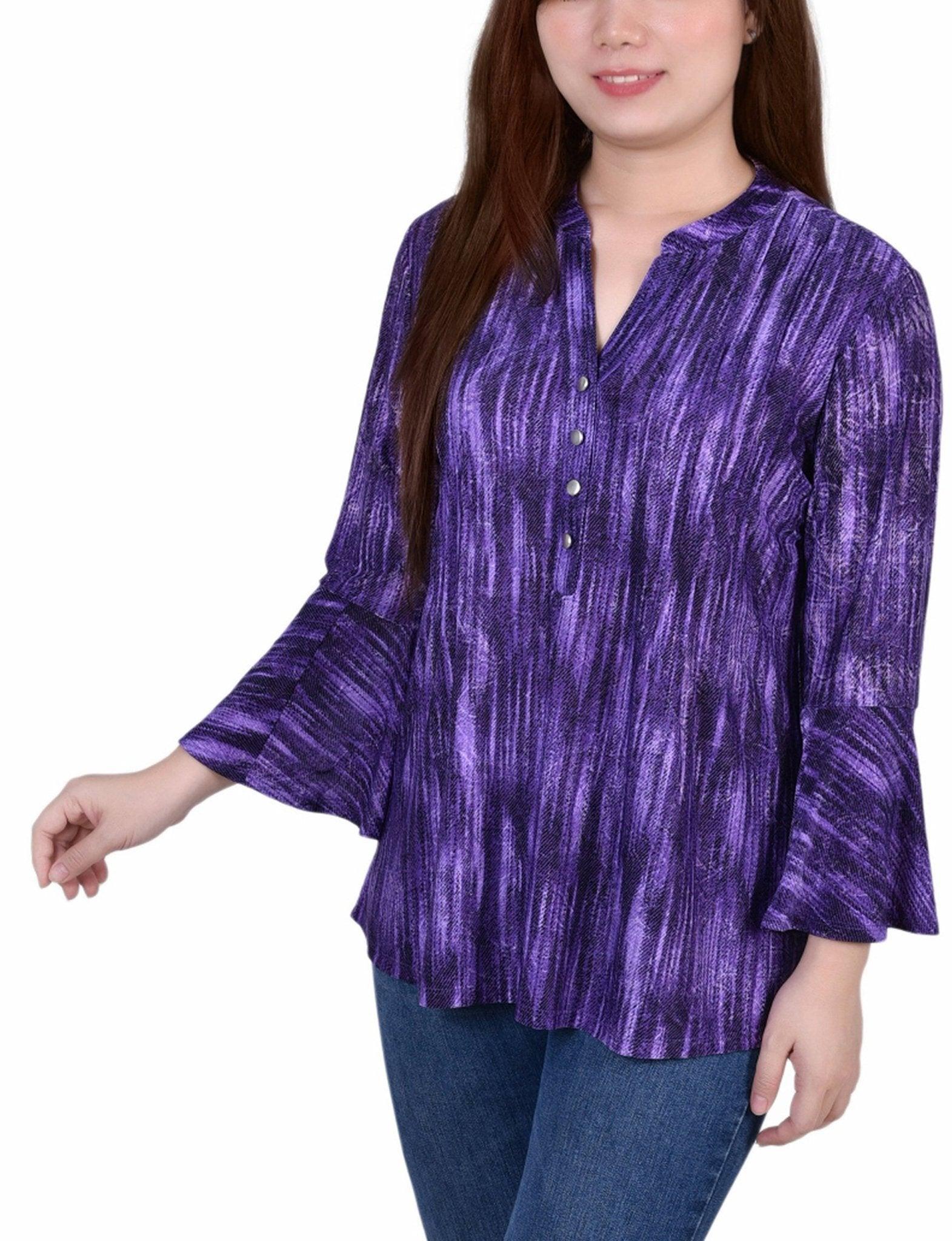 Purple Stripe 3/4 Bell Sleeve Pleat Front Y Neck Top Product Image