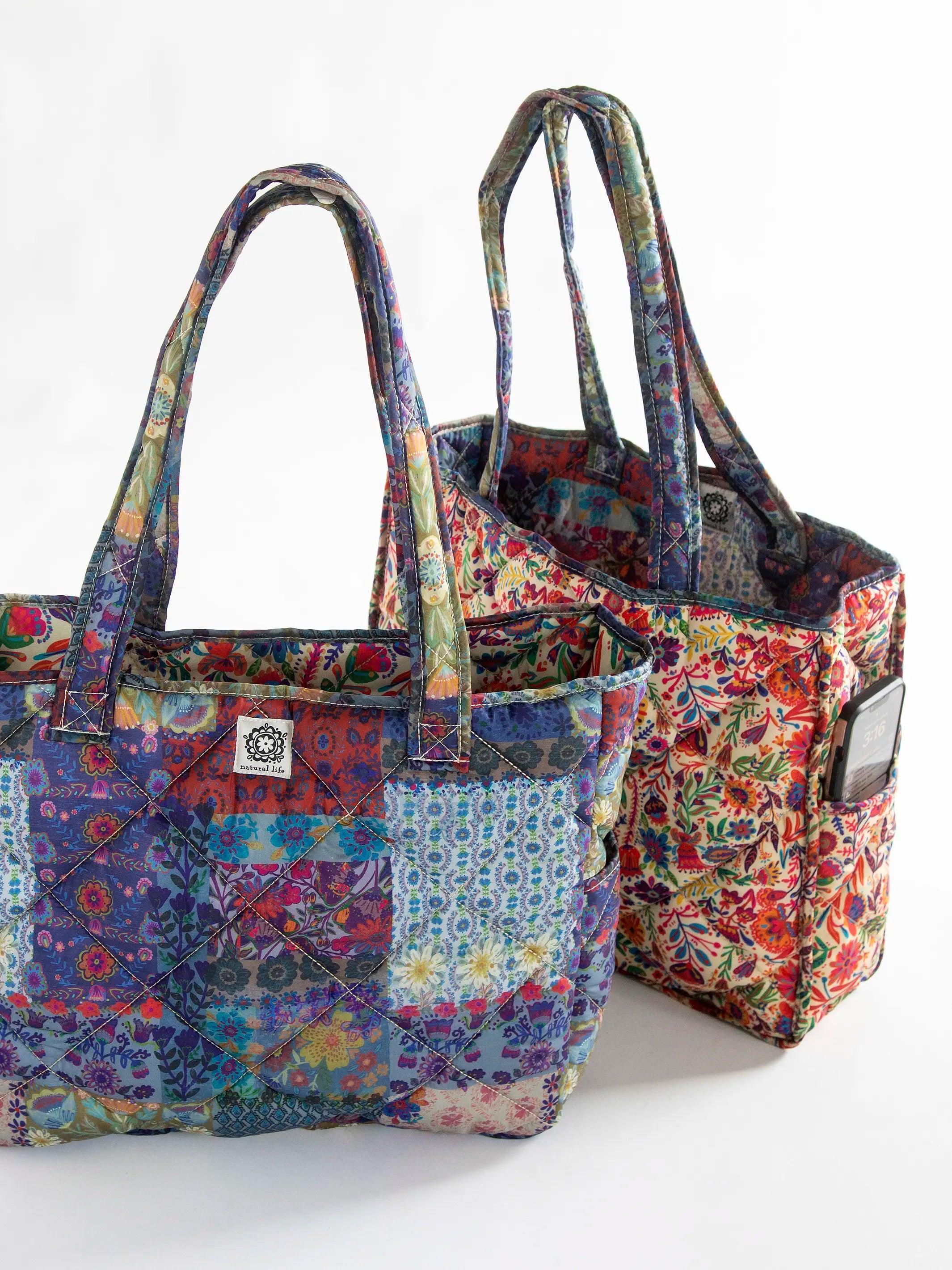 Reversible Puffy Tote Bag - Large Blue Patchwork Product Image