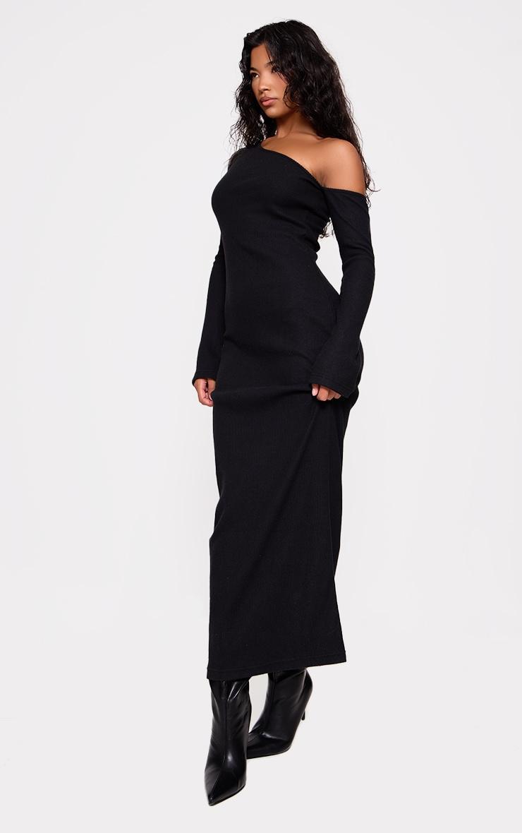 Black Heavy Brushed Asymmetric Ruched Maxi Dress Product Image