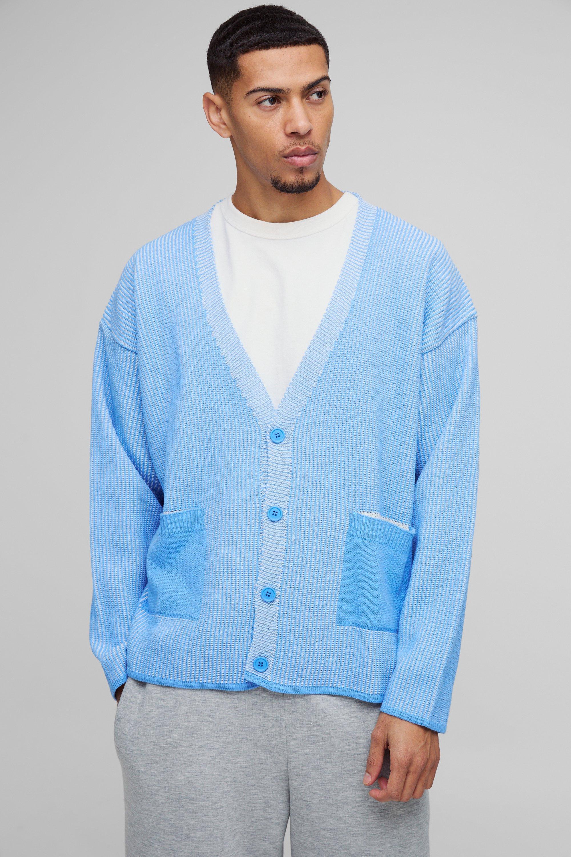 Oversized Boxy Dropped Shoulder Plated Ribbed Knitted Cardigan | boohooMAN USA Product Image