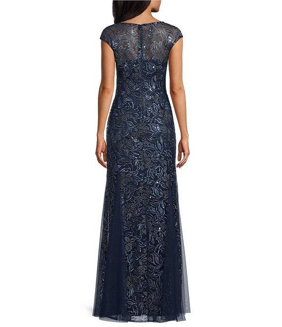 Alex Evenings V-Neck Cap Sleeve Floral Embroidered Stretch Tulle Godet Skirt Long Dress Product Image