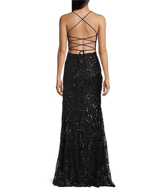 Midnight Doll Sequin Patterned Spaghetti Strap Square Neck Lace Up Back Side Slit Dress Product Image