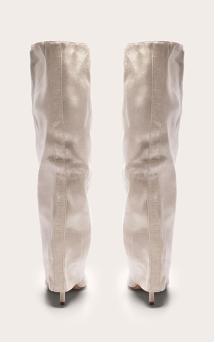 Stone Faux Suede Point Toe Fold Over High Stiletto Knee High Heeled Boots Product Image