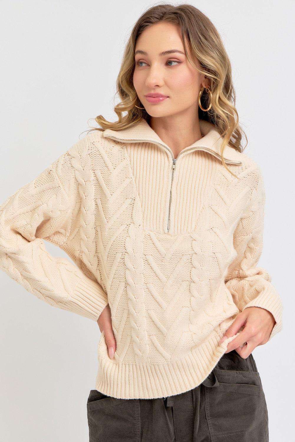 Cable Knit Zipper Front Sweater Product Image