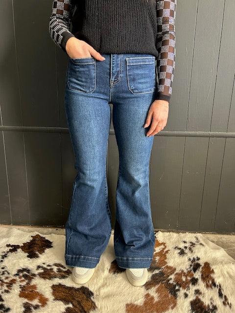 High Rise Flare Front Patch Pocket Dark Wash Jeans Product Image