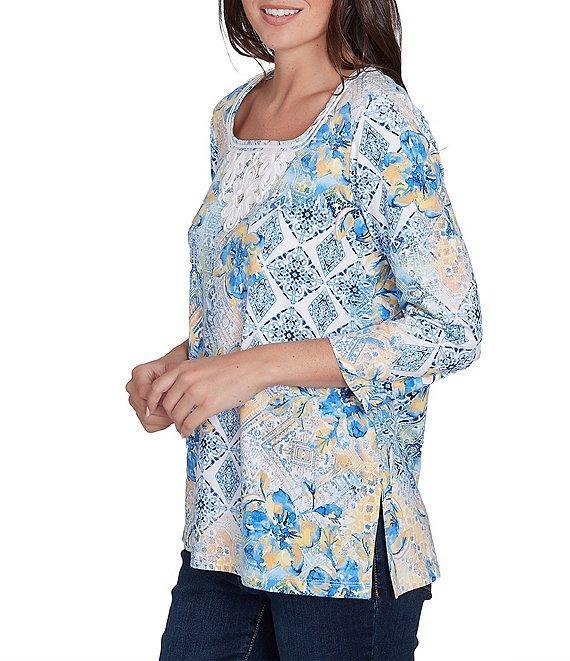 Ruby Rd. Stretch Knit Watercolor Mixed Print Square Neck 3/4 Sleeve Top Product Image