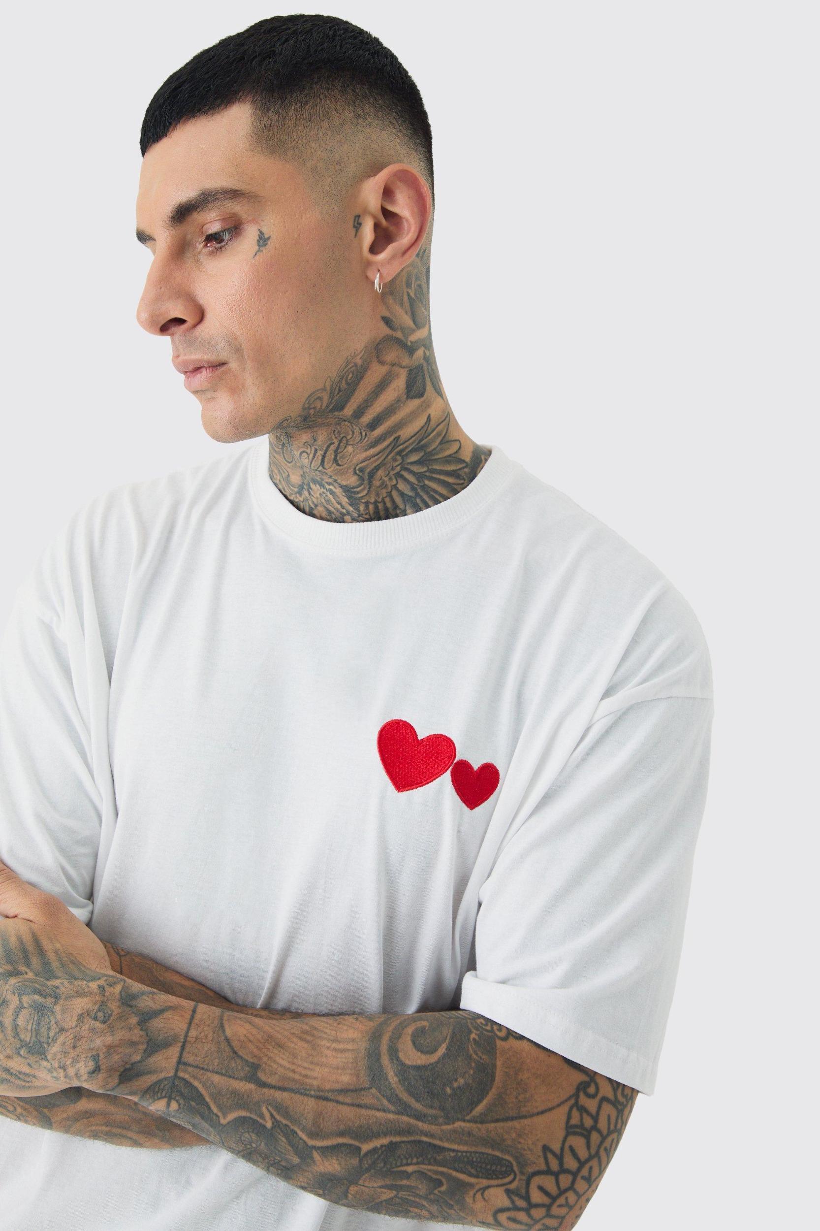 Tall Love Heart Embroidered T-shirt In White | boohooMAN USA Product Image