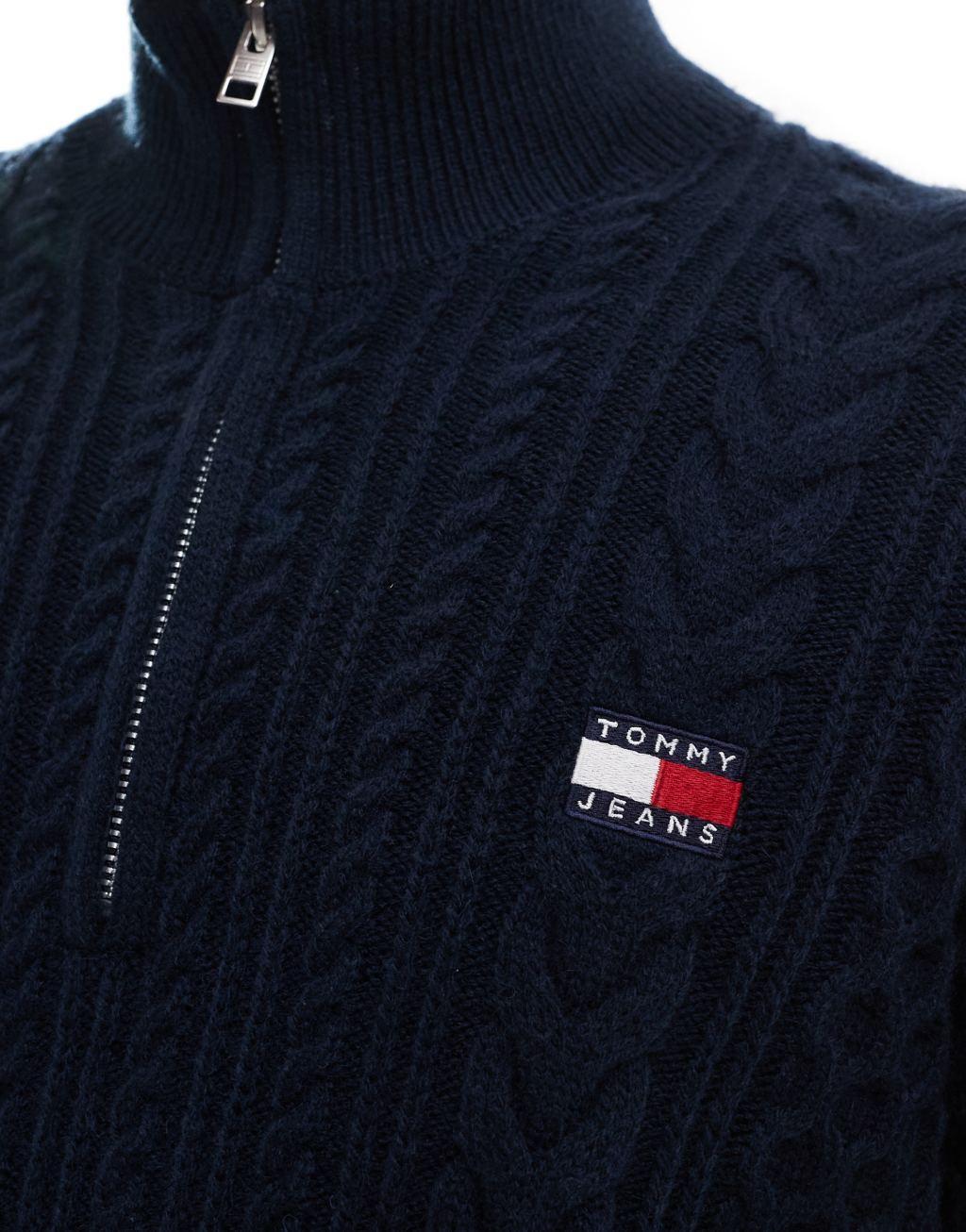 Tommy Jeans cable knit 1/4 zip sweater in navy Product Image