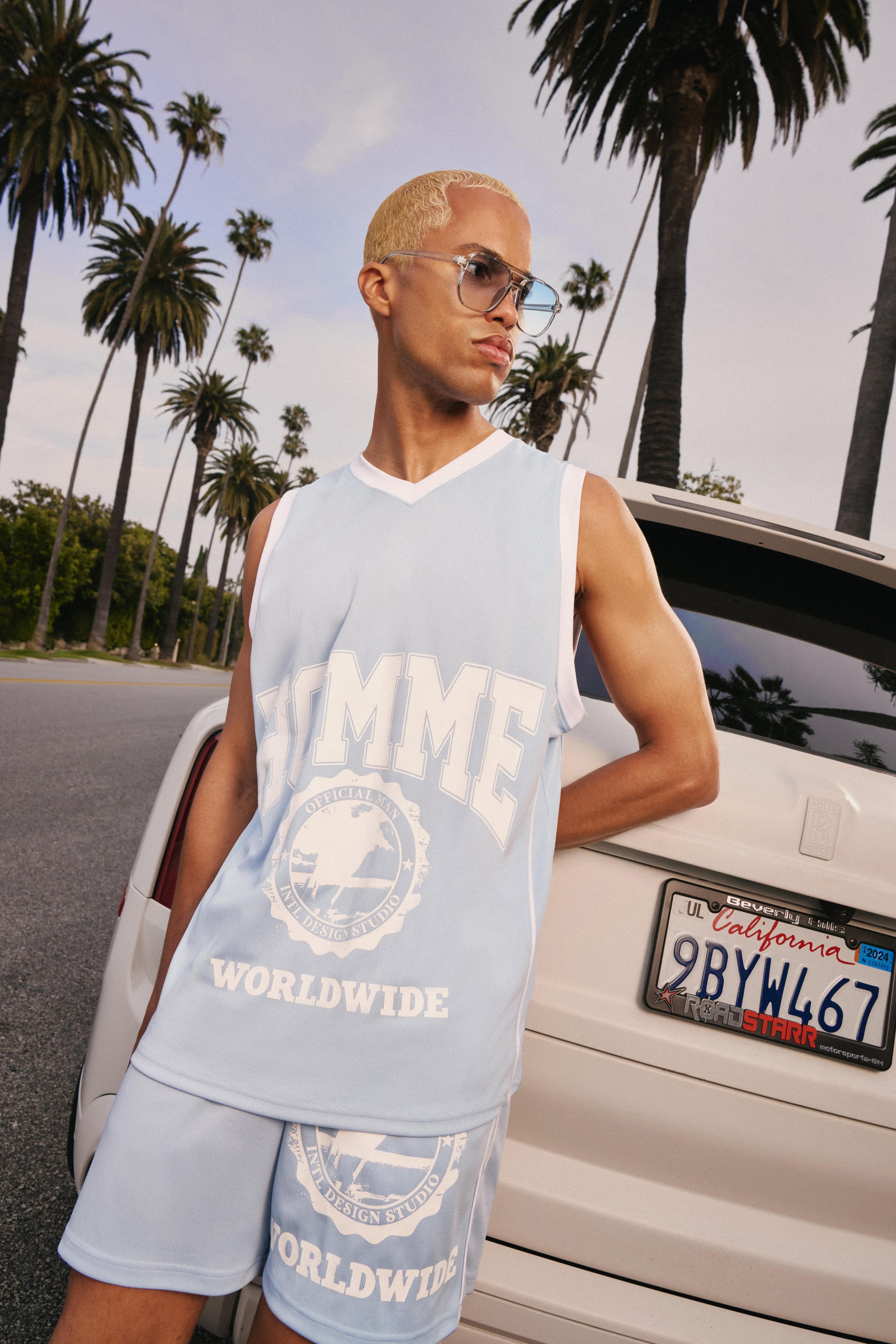 Mens Mesh High Build Print & Side Panel Mesh Varsity Tank - Blue Product Image