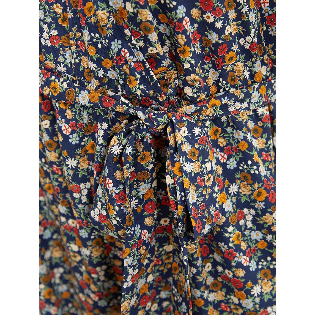 Plus Size DarkBlue Ditsy Floral Flutter Sleeve Pocket Belted Wrap Jumpsuit Women Elegant Short sleeve V-neck Dailywear Loose Jumpsuits BloomChic 30/6X Product Image