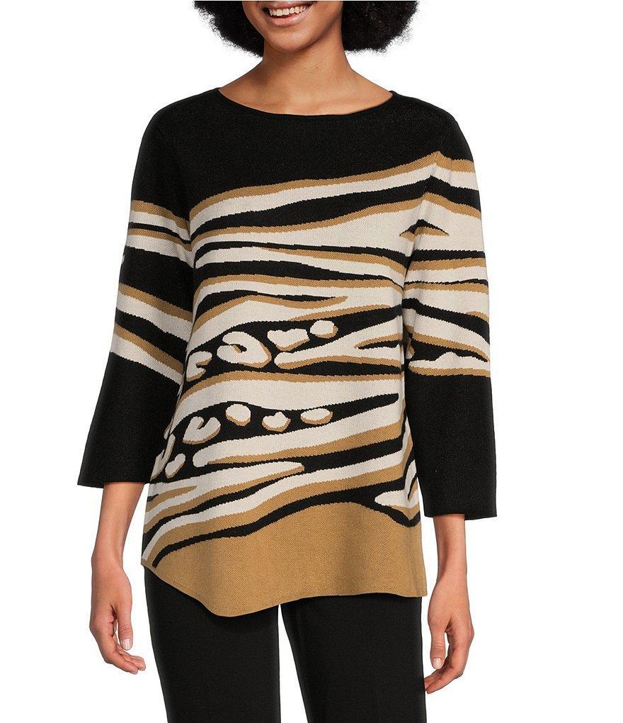 Ali Miles Zebra Print Round Neck 3/4 Sleeve Asymmetrical Sweater Product Image