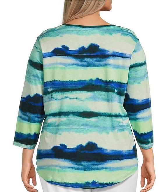 Westbound Plus Size Ocean Stripe 3/4 Sleeve Knit Crew Neck Top Product Image