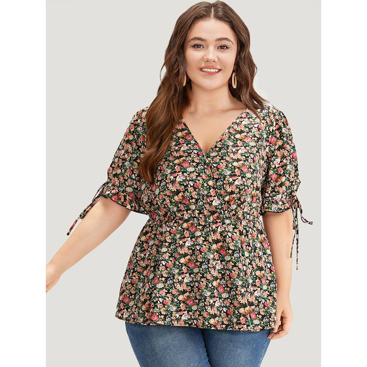 Plus Size Black Ditsy Floral Wrap Ties Gathered Ruffle Hem Blouse Women Elegant Short sleeve V-neck Dailywear Blouses BloomChic 18-20/2X Product Image