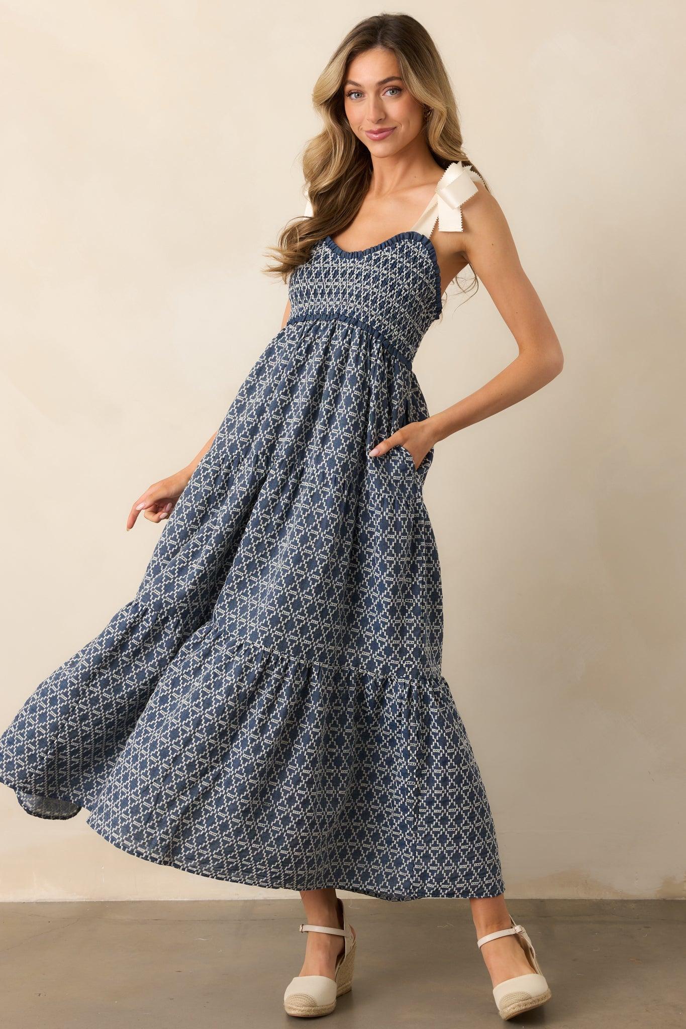 The Felicity Dark Wash Chambray Cotton Embroidered Maxi Dress Product Image