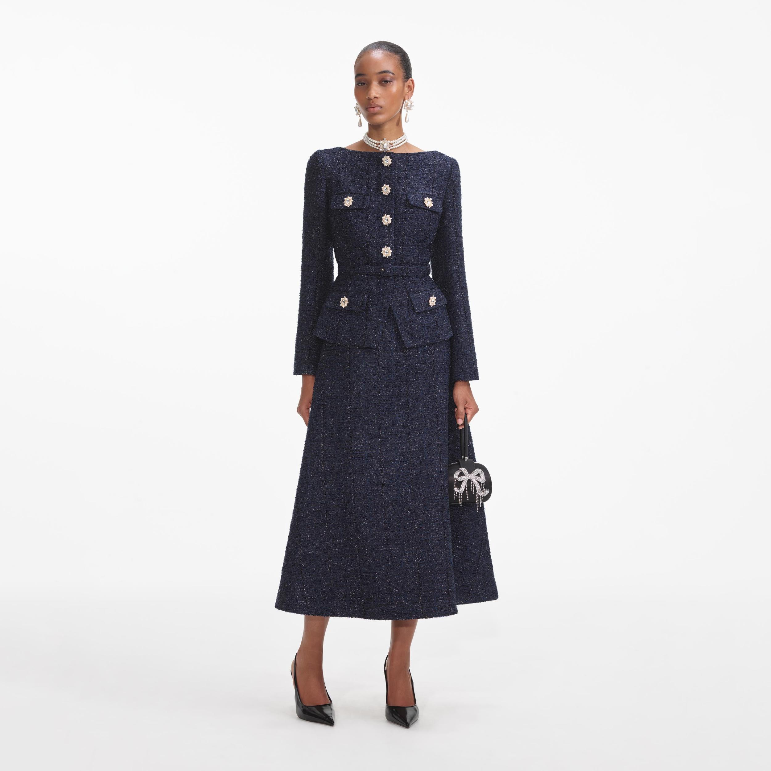 Navy Metallic Boucle Midi Dress Product Image