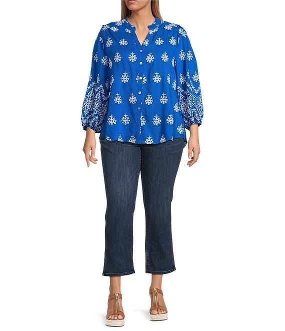 Calessa Plus Size Embroidered Split V-Neck Long Sleeve Button Front Tunic Product Image