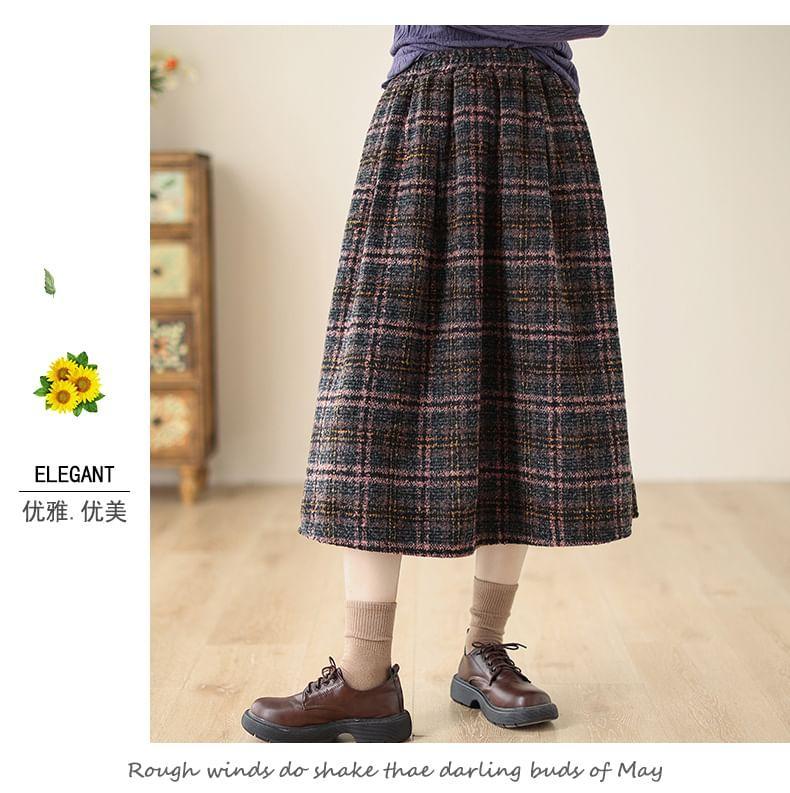 High Waist Plaid Midi A-Line Skirt Product Image