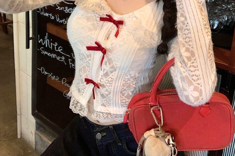 Long-Sleeve  V-Neck Bow Lace Top Product Image