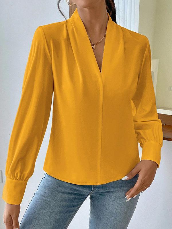 Long Sleeves Loose Pleated Solid Color Split-Joint V-Neck Blouses&Shirts Tops Product Image