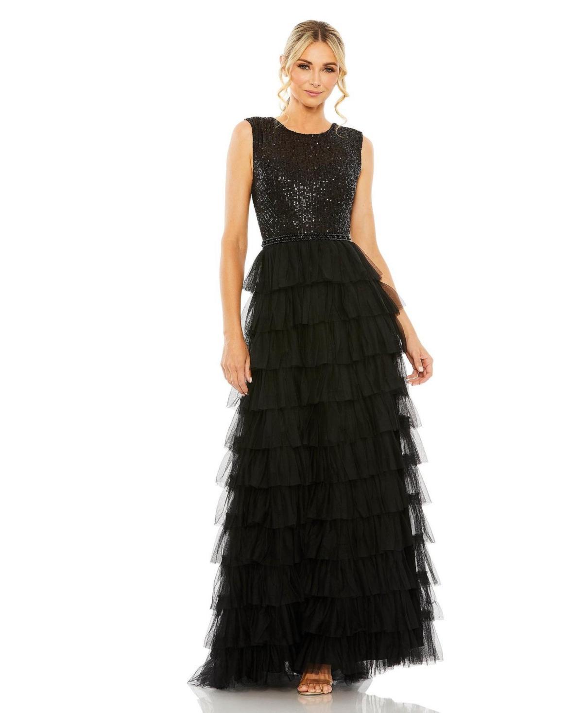 Mac Duggal Sleeveless Tiered Ruffled Sequin Crew Neck Gown Product Image