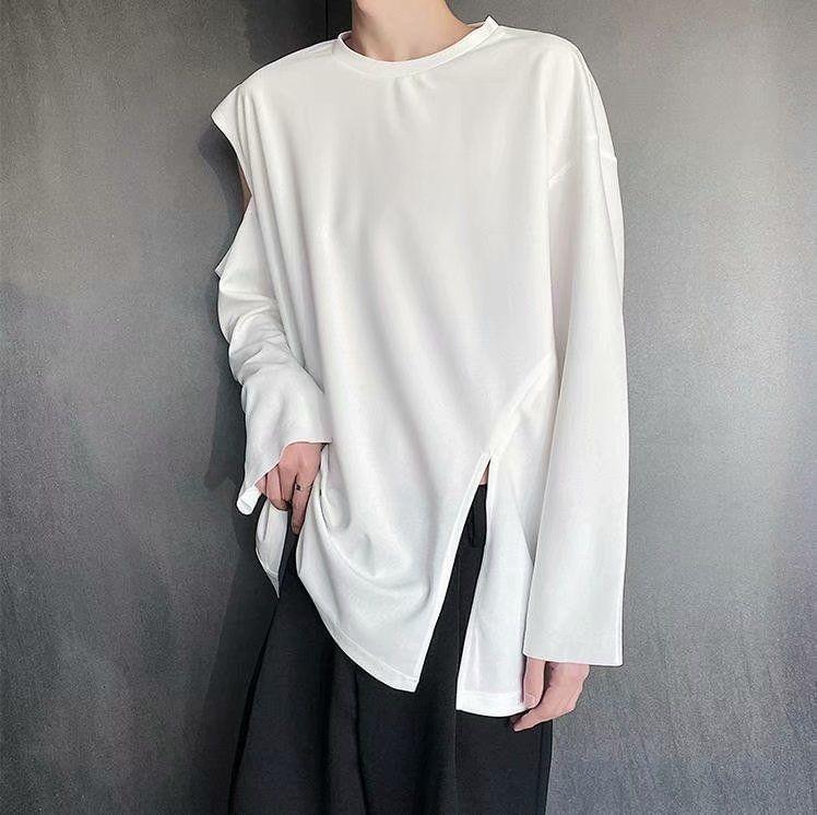 Long-Sleeve Crew Neck Plain Cutout Slit T-Shirt Product Image