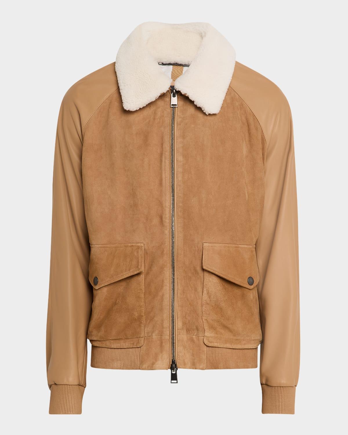 Mens Maduroy Shearling-Collar Corduroy and Leather Jacket Product Image