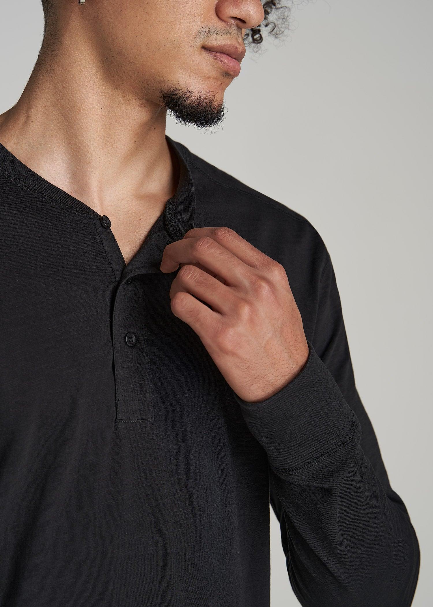 Men's Tall Three Button Long Sleeve Slub Henley in Black Product Image